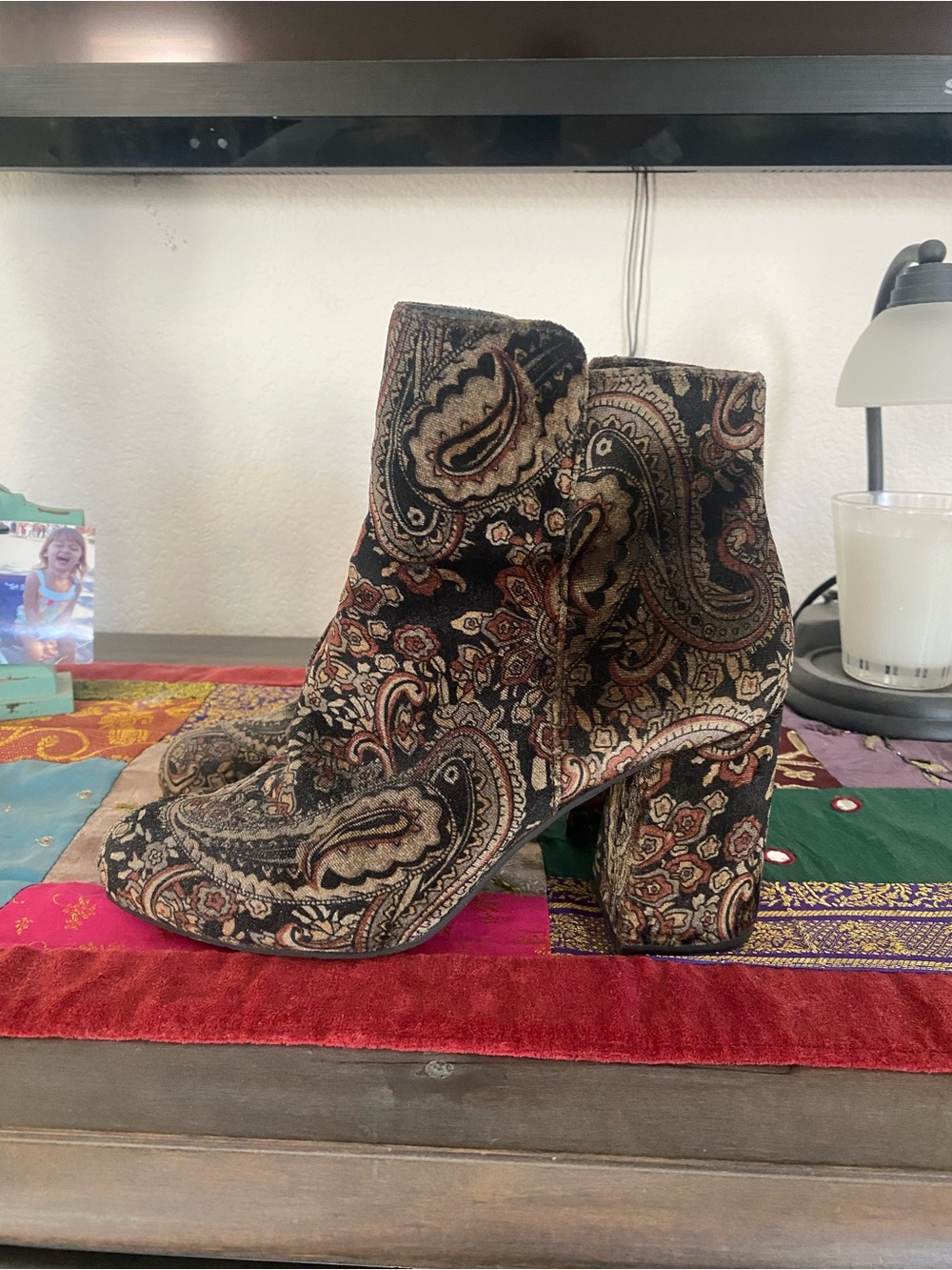 bp Black Paisley Block Heel Ankle Boots